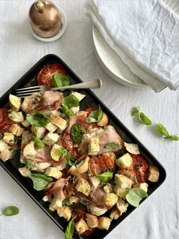 One tray chicken, ox heart tomatoes, pancetta and croutons