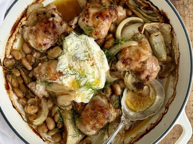 One-Pot Baked Chicken with Butter Beans, Fennel & Mango Chutney