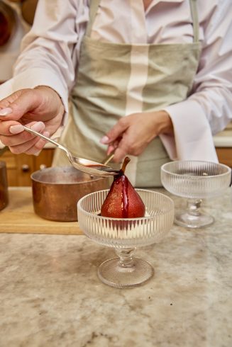 POACHED PEARS IN SPICED RED WINE SYRUP