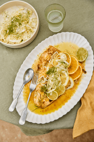 SIDE OF SALMON WITH LEEKS AND TRIO OF CITRUS