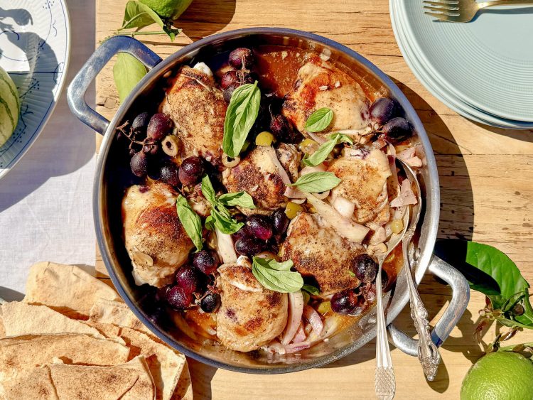 One-Tray Chicken with Fennel, Grapes & Green Olives
