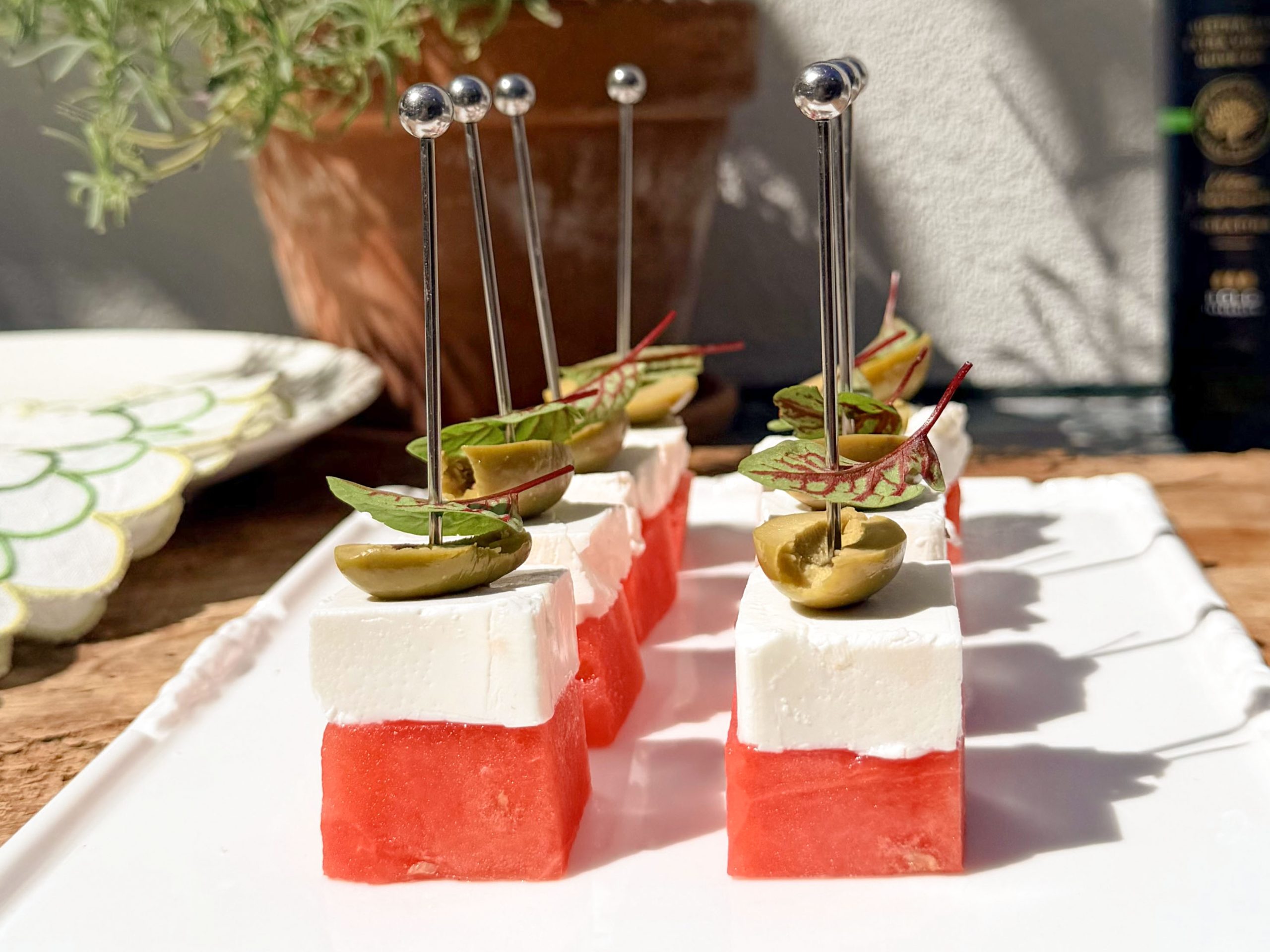 Watermelon & Feta Bites with Green Olive & Sorrel